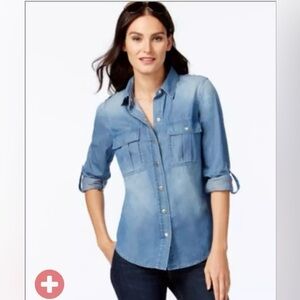 Michael Kors Women Gold Logo Snap Button Rolled Sleeve Chambray Button